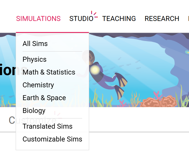 Screenshot from PhET Simulations showing all sim categories including Physics, Math, Chemistry, Earth and Space and Biology. 