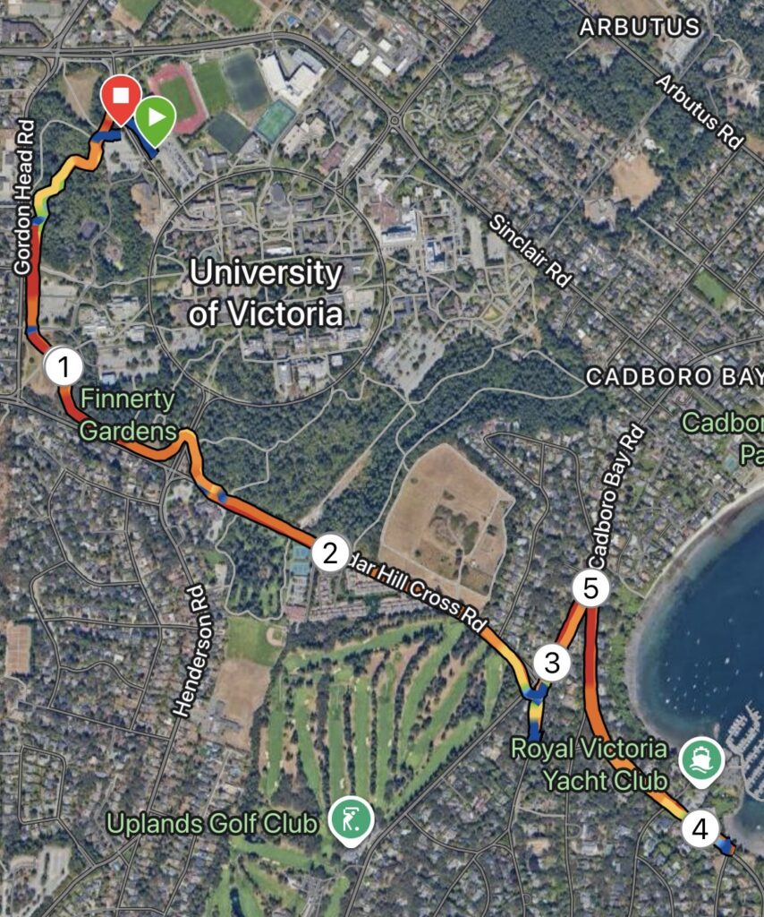 Cadboro Bay route map showing satellite map overlayed by speed heat map and km markers 