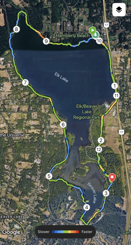 Satellite map of elk and beaver lake with overlayed speed heatmap 