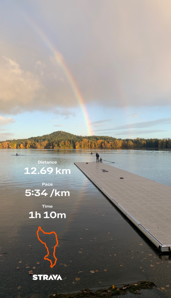 Rainbow over the Elk Lake dock overlayed with Strava data. 